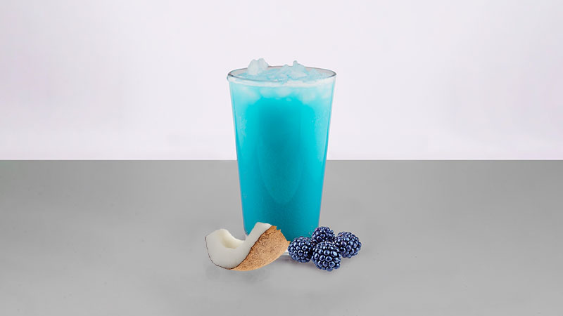 The Blue Paradise, a creamy bright blue soda with coconut and blackberries